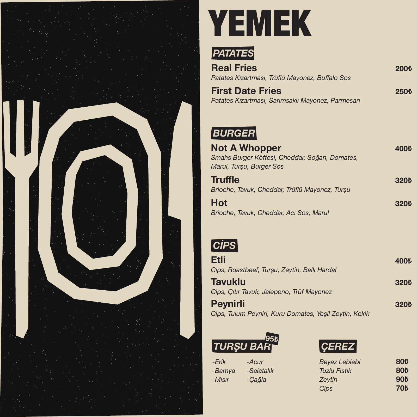 Yemek menüsü: patates, burger ve cips