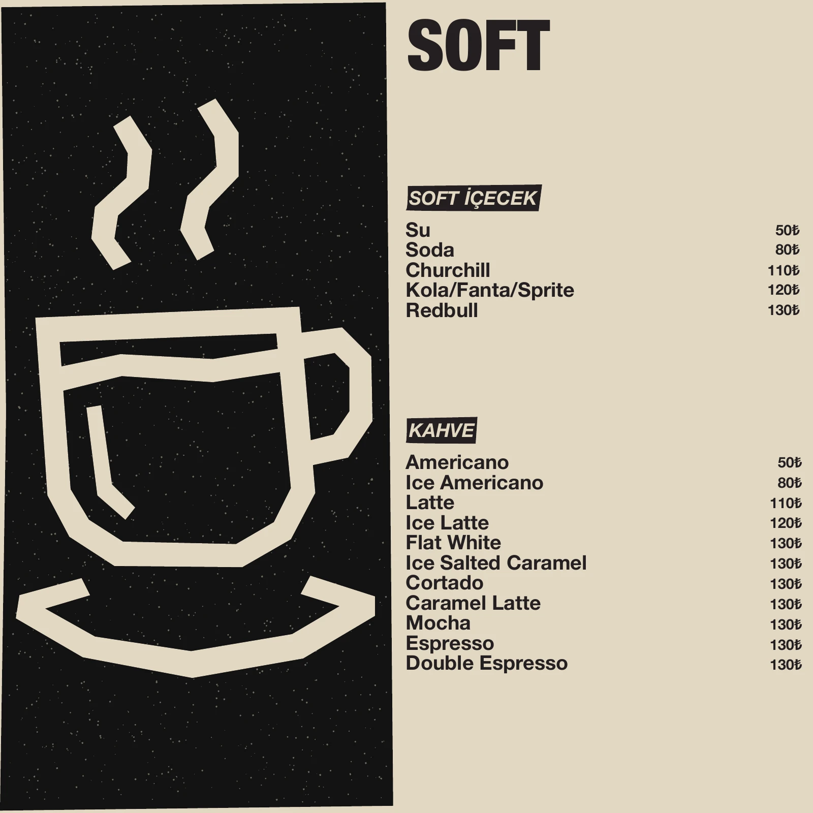 Soft içecek ve kahve menüsü